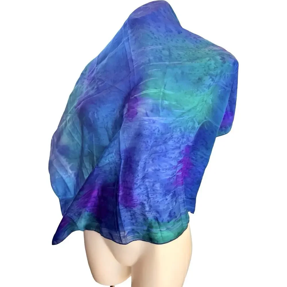 Hand Made Silk Scarf Ocean Blue Purple Sheer Wrap Art To Wear 34x 34”